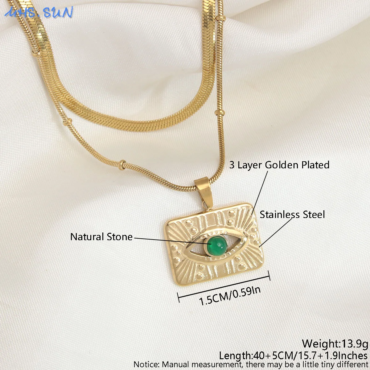 MHS.SUN Gold Plated Square Turkish Evil Eye Pendant Necklaces Stainless Steel With Natural Stone Lucky Jewelry Gift For Women