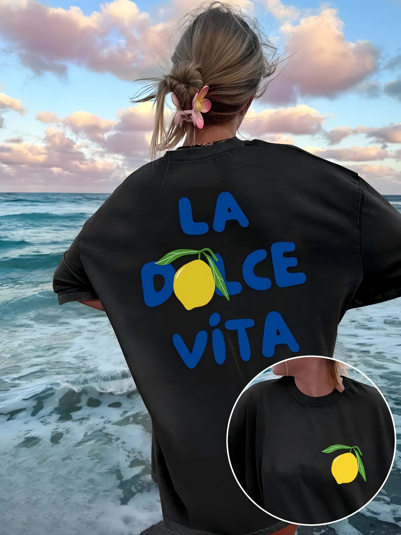 Women's La Dolce Vita T-Shirt Summer Holiday Lemon Print Tee Short Sleeve Fashion Loose Casual Top Streetwear Aesthetic Tee