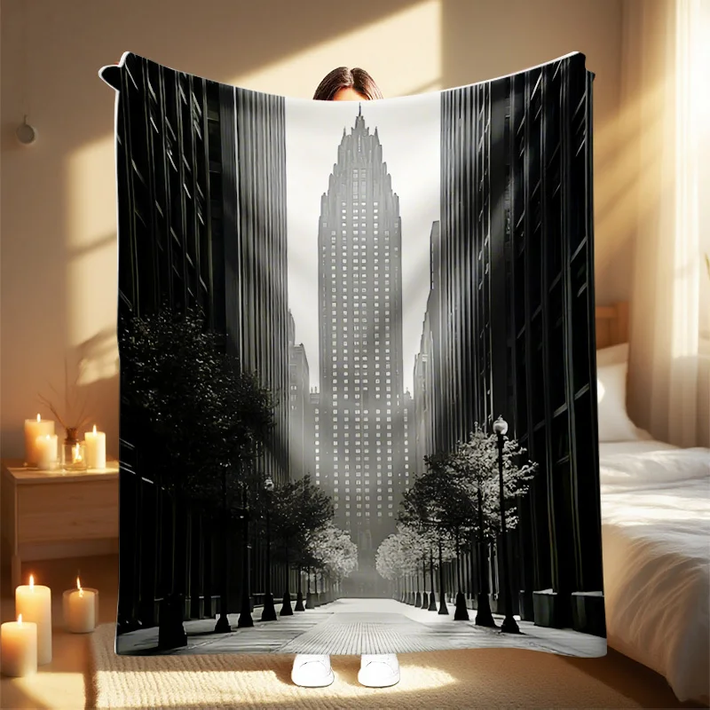 1pc 2025 Autumn Winter New Blanket with Building Print, Perfect for Living Room, Travel, Camping, Home Use - Ideal Holiday or Bi