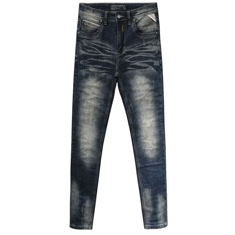 Fashion Designer Men Jeans Retro Washed Blue Elastic Slim Ripped Jeans Men Patched Trousers Vintage Casual Denim Pants Hombre