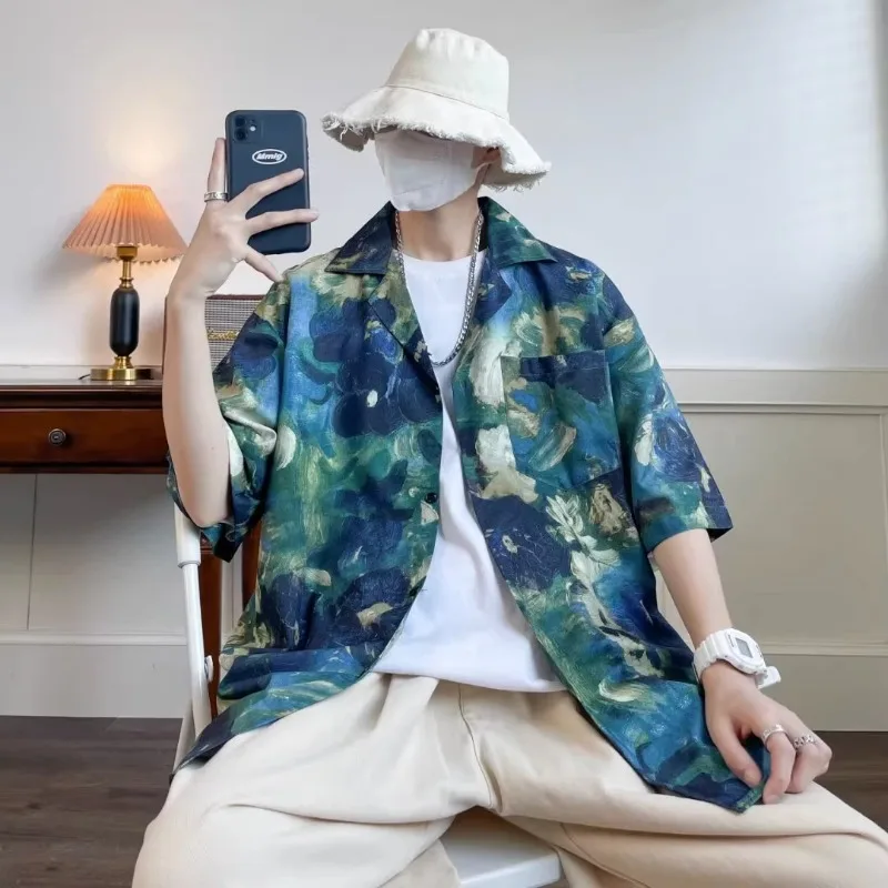 

Asymmetrical Shirts Men Beach Japanese Style Baggy Retro Temperament Normcore Handsome Stylish Summer All-match Contrast Color