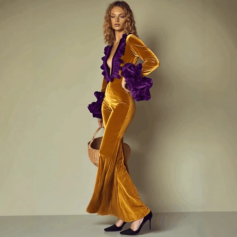 

2025 Autumn and Winter New Gold Velvet Splicing Large V-neck Casual Banquet Jumpsuit for Women