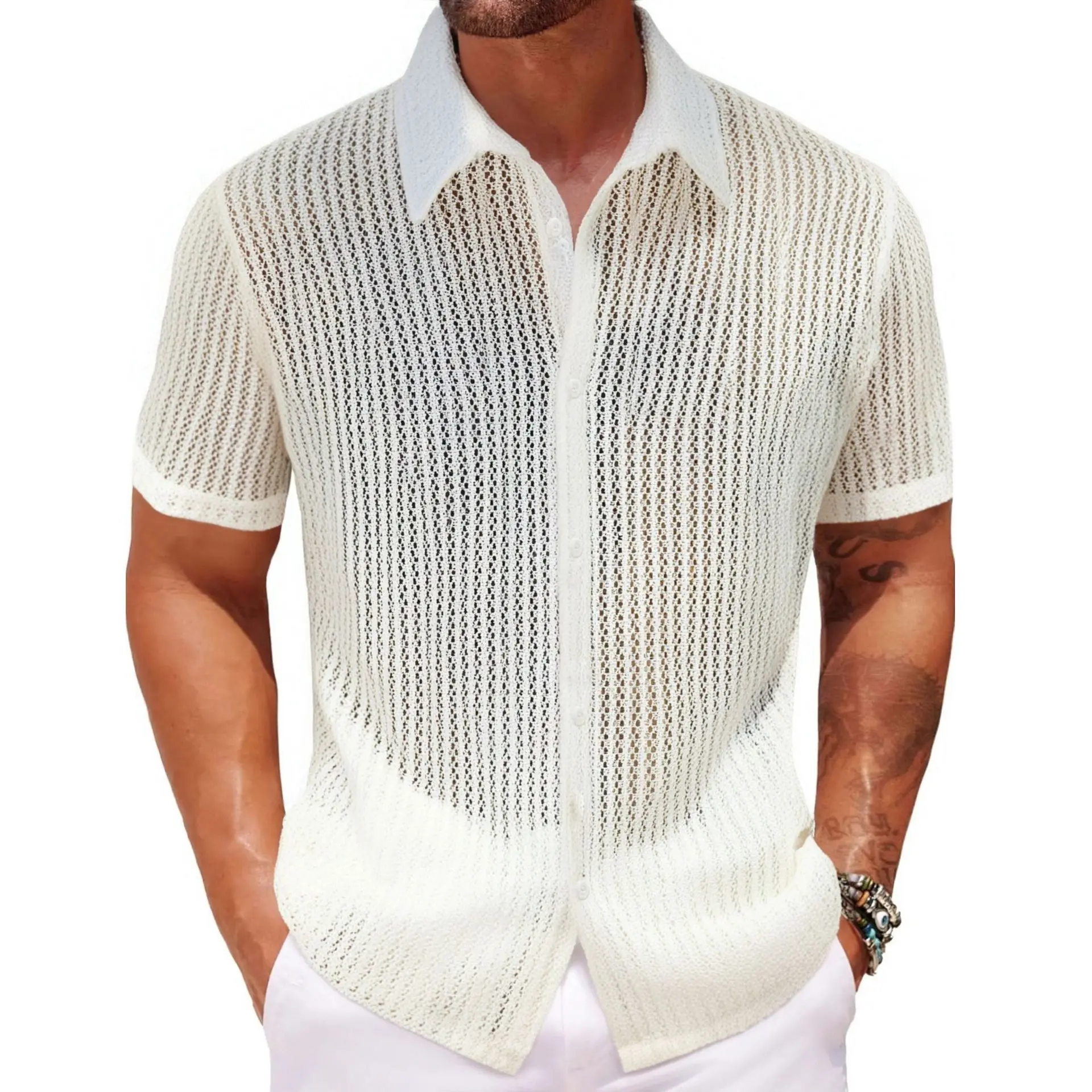 Summer Men's Casual Knitted Shirt New Hollow Short Sleeved Top Men Clothing Hawaiian Style
