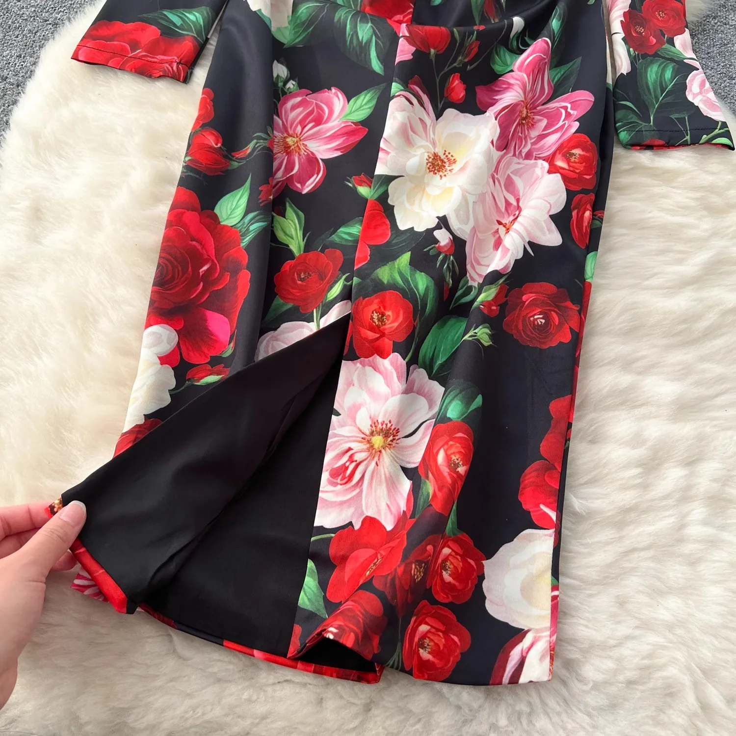 Pista de verão elegante lindo pacote de flores hip split vestido feminino o-pescoço manga longa magro high street bodycon vestido de festa