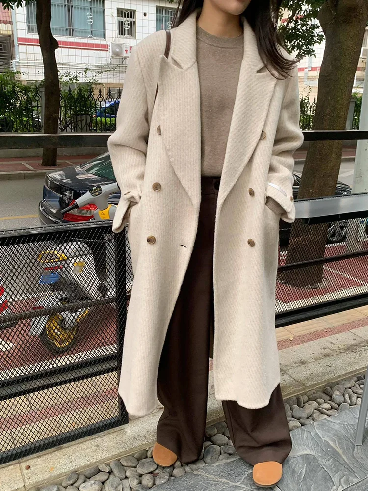 

2023 Korea East Gate Diamond Plaid Double Sided Fleece Coat Women's Long Loose Style Wool Coat