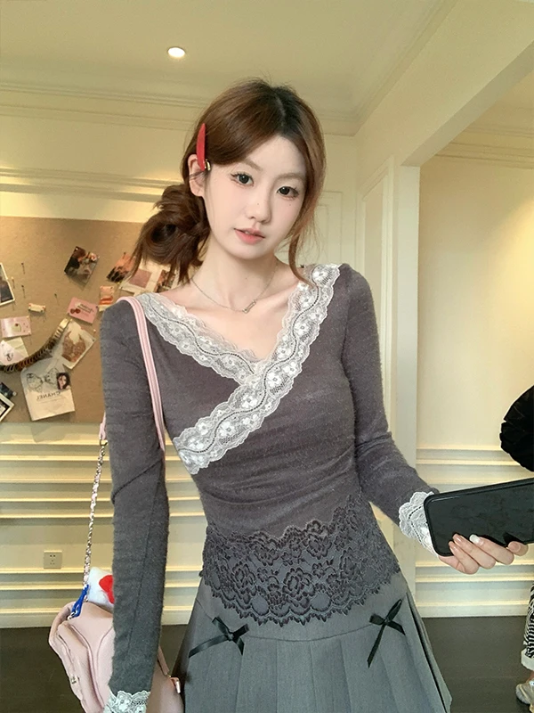 

plus Size Slim Fit Long Sleeve T-Shirt Lace Base Layer Top Korean Style Commute Fashion plus Size Women's Inner Wear
