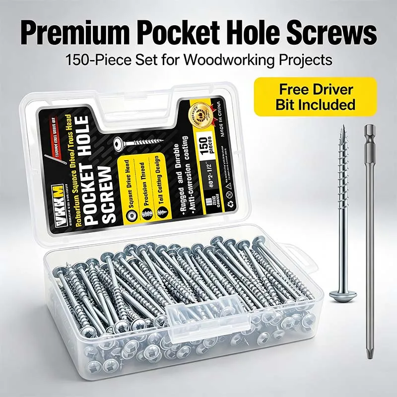 

VKKM 150Pcs #8x2.5" Pocket Hole Screws, Robertson Square Drive Self-Tapping, Anti-Rust Coated with 150mm Free Bit for Woodworking Cabinets DIY Joints