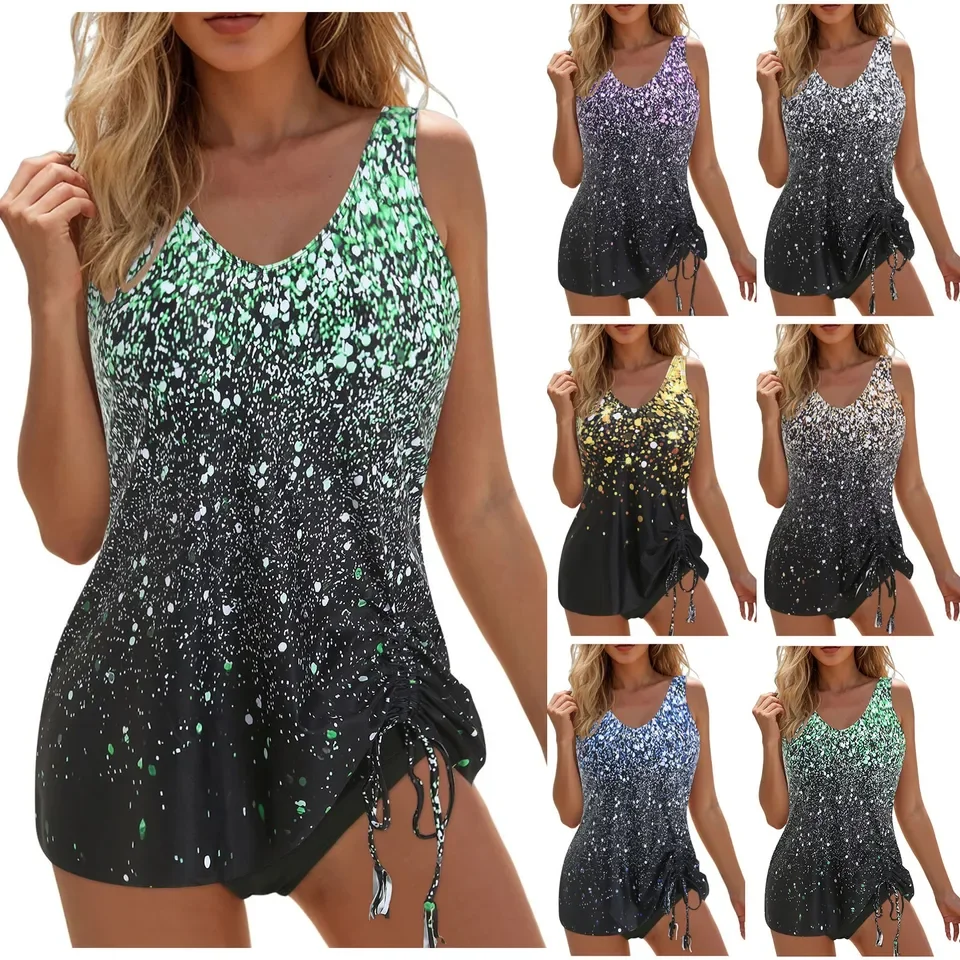 여성용 솔리드 컴포트 스플릿 수영복 탱키니 수영복 여성용 2피스 수영복 탑과 보이쇼츠 여성용 비키니 수영복