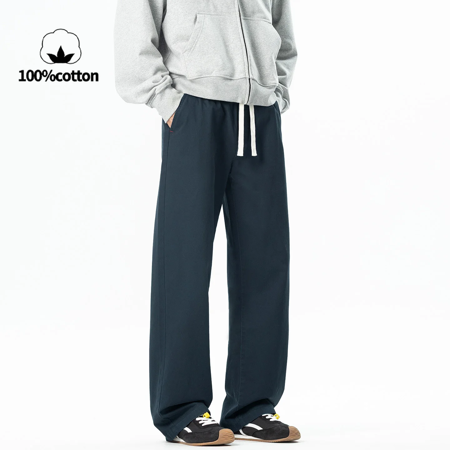 

2025 Autumn Men's 100% Cotton Straight-Leg Trousers with Elastic Waist, Comfortable Casual Wide-Leg Long Pants