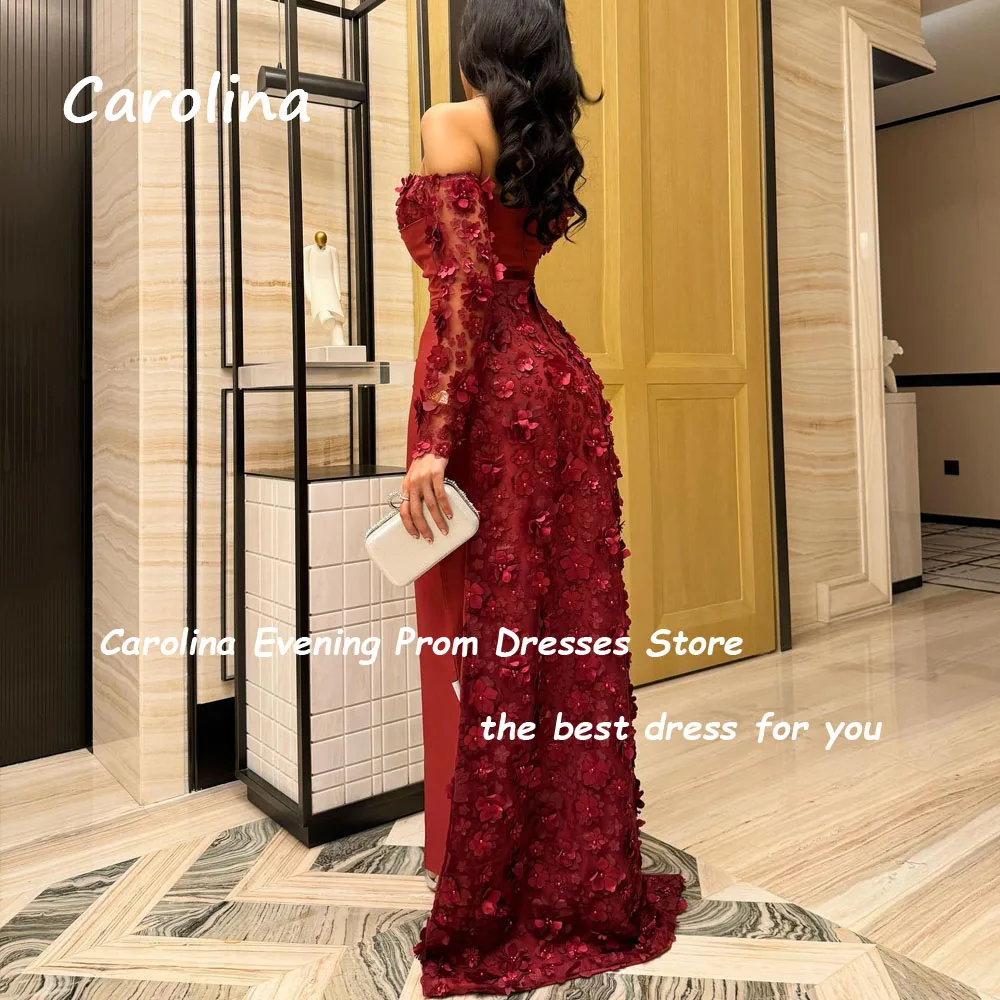 Carolina Wine Red Off The Shoulder Crepe Mermaid Prom dress 2024 Slim Appliques Long Sleeve Ankle-Length Formal Evening Dress