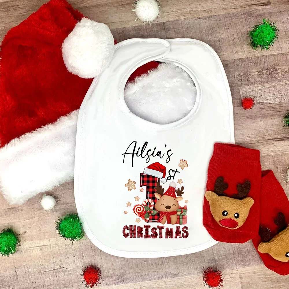 Personalized My 1st Christmas Reindeer Print Baby Bib Xmas Newborn Bib Custom Name Baby Infant Saliva Towel Xmas Gifts