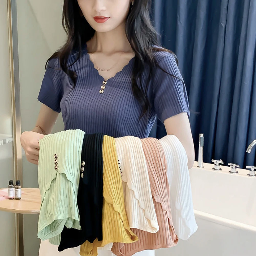 

Short Sleeved Petal Collar T Shirt Women Black Flower V Neck Elastic Knit Blouse Shirt Lady Black Tops Elegant S-2XL Clothes