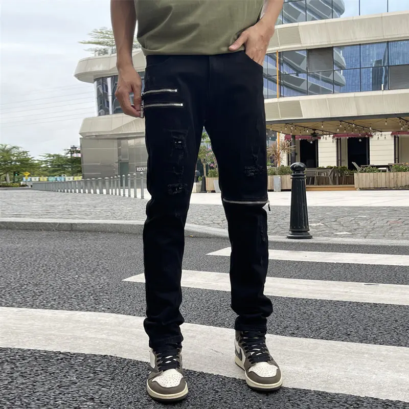 Y2K fashion men's jeans stretch slim fit patchwork designer bicycle black jeans men's zipper designer hip-hop denim punk pant