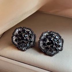 2024 Korean new design fashion jewelry silver plated black zircon flower earrings elegant women's evening party accessories
