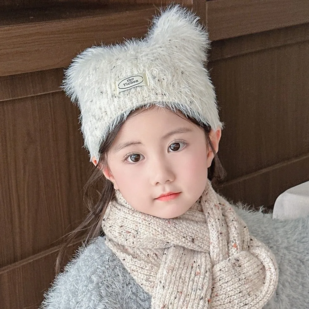 

Korean Cat Ears Kids Pullover Cap Keep Warm Solid Color Knit Hat Fluffy Ear Protection Bonnet Children