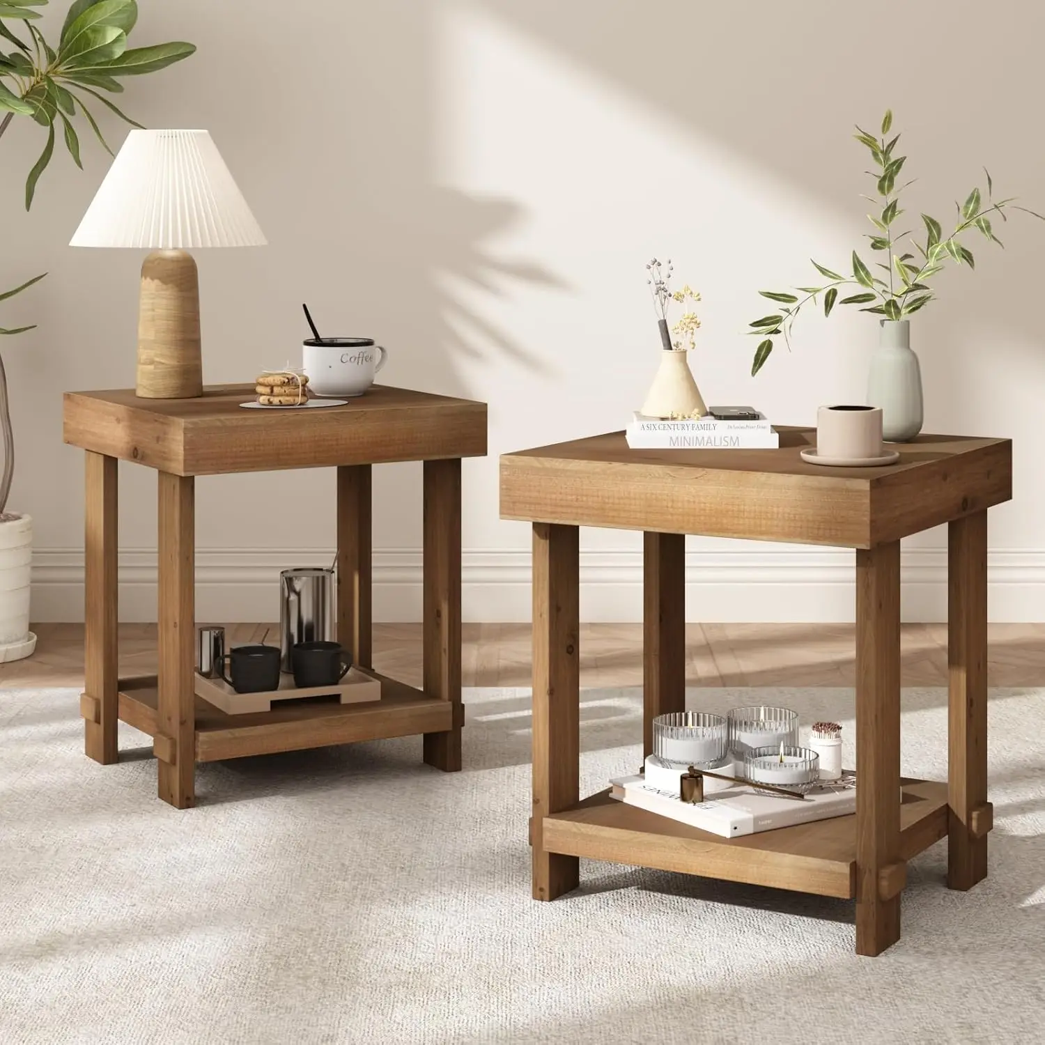 

Solid Wood End Table for Living Room Set of 2-Farmhouse Side Table with 2-Tier Storage, Rustic Square Bedside Tables for Smal