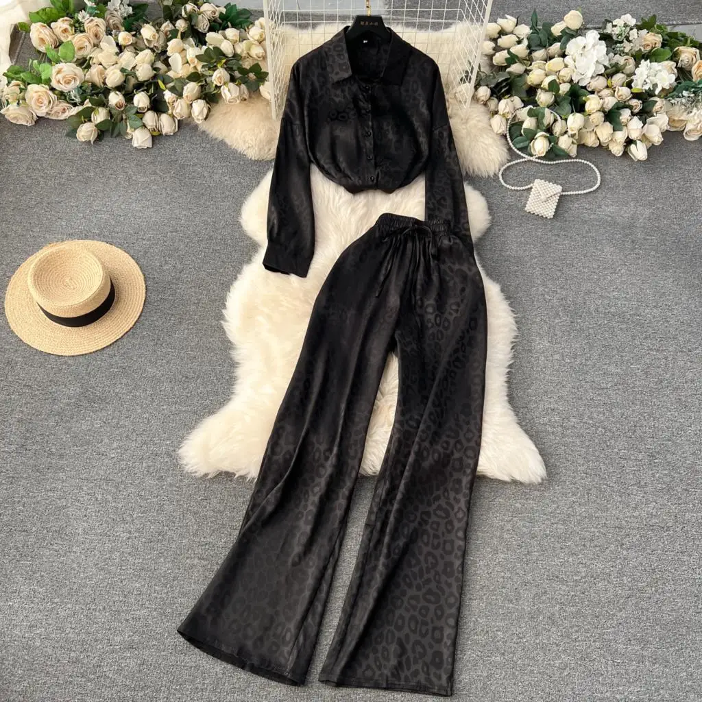 Elegant and Chic Women Fashion Two Pieces Set Vintage Casual Solid Shirts Tops Wide-Leg Pants Outfits Female Party Pantsuits New