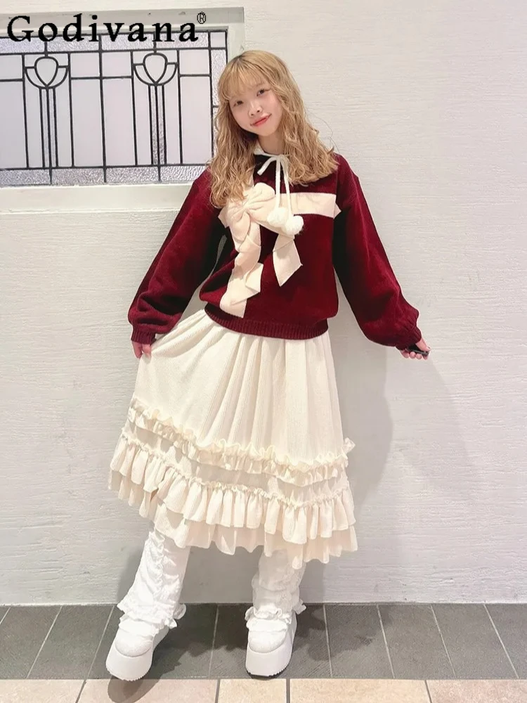 

2026 Spring Japanese Style Sweet Pleated Ruffled Corduroy Elastic Waist A-Line Skirt New Autumn Women's Sweet Midi Skirts