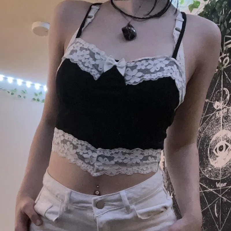 

Pure Desire Black and White Contrast Color Lace Camisole Design Bow Slimming Patchwork Chest-Shaped Hot Girl Inner Vest