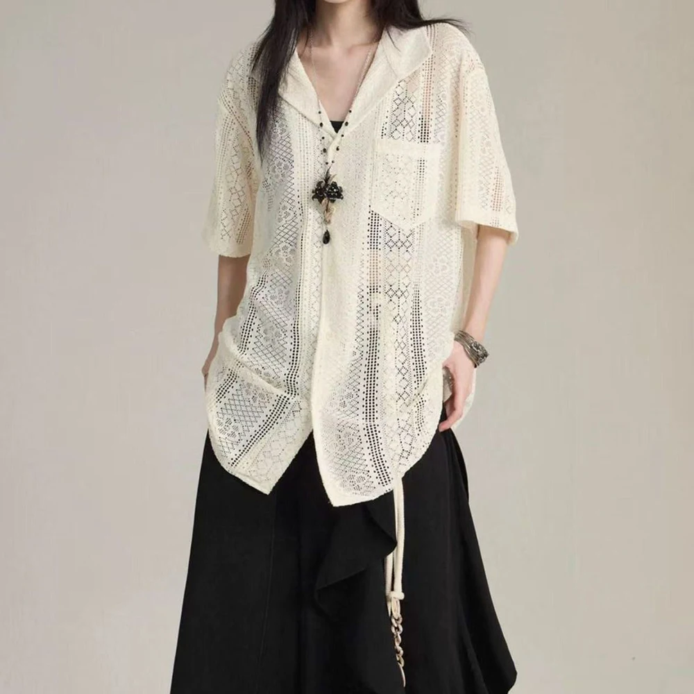 

2026 Summer New Unisex Hollow-Out Short-Sleeve Shirt Retro Fashion Trendy High Street Casual Breathable Loose Niche Unisex Top