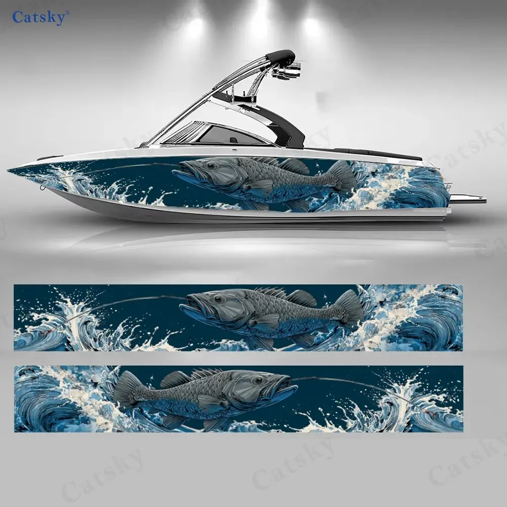 Blue Tone Splash & Biting Bass Boat Stickers, PVC Waterproof Vinyl Wrap Decals for Fishing Boats, Durable and Stylish Design