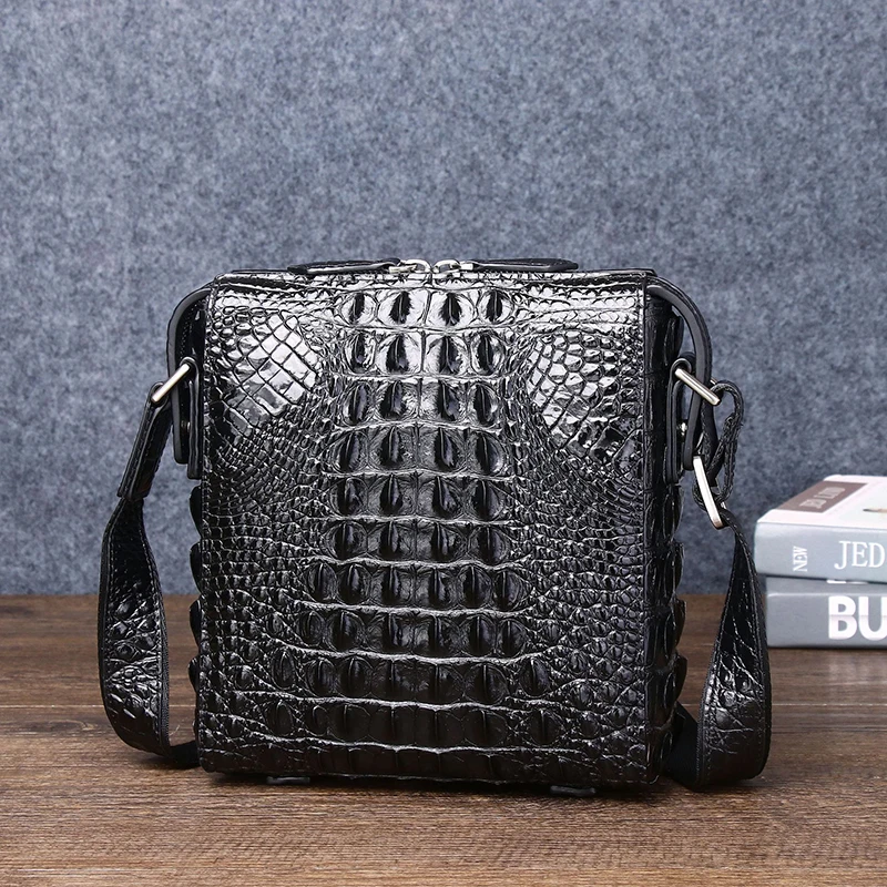 Bolsa de couro oblíqua de couro real masculina, padrão crocodilo, um ombro, luxo, casual, nova moda