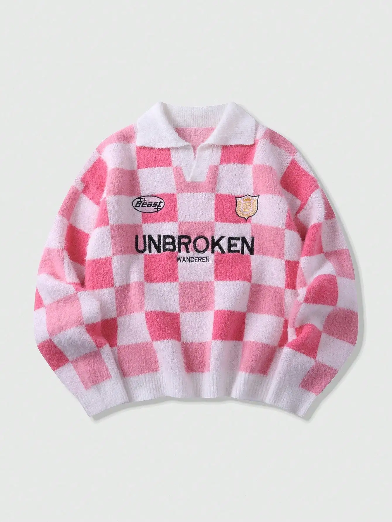 

Розово-белый вязаный свитер в клетку с вышитым рисунком, свободный укороченный крой