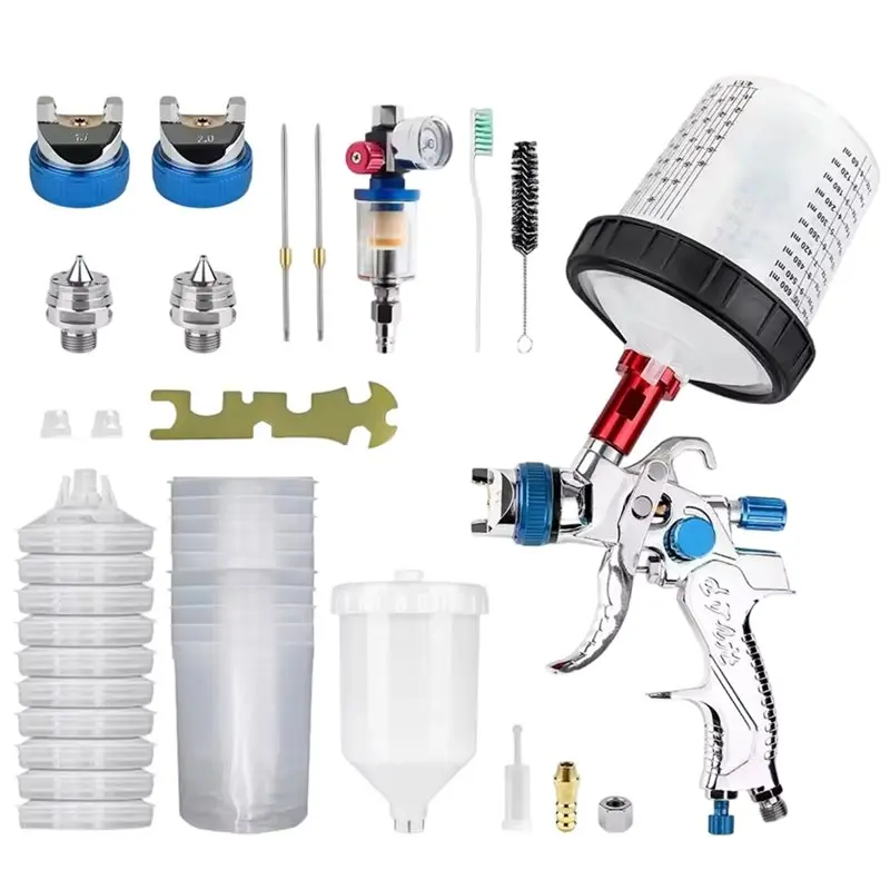 

A84E-HVLP Spray Gun With Air Regulator Filters+ 1.4+ 1.7+ 2.0Mm Nozzles 10PCS No-Clean Paint Mixing Cups Kit