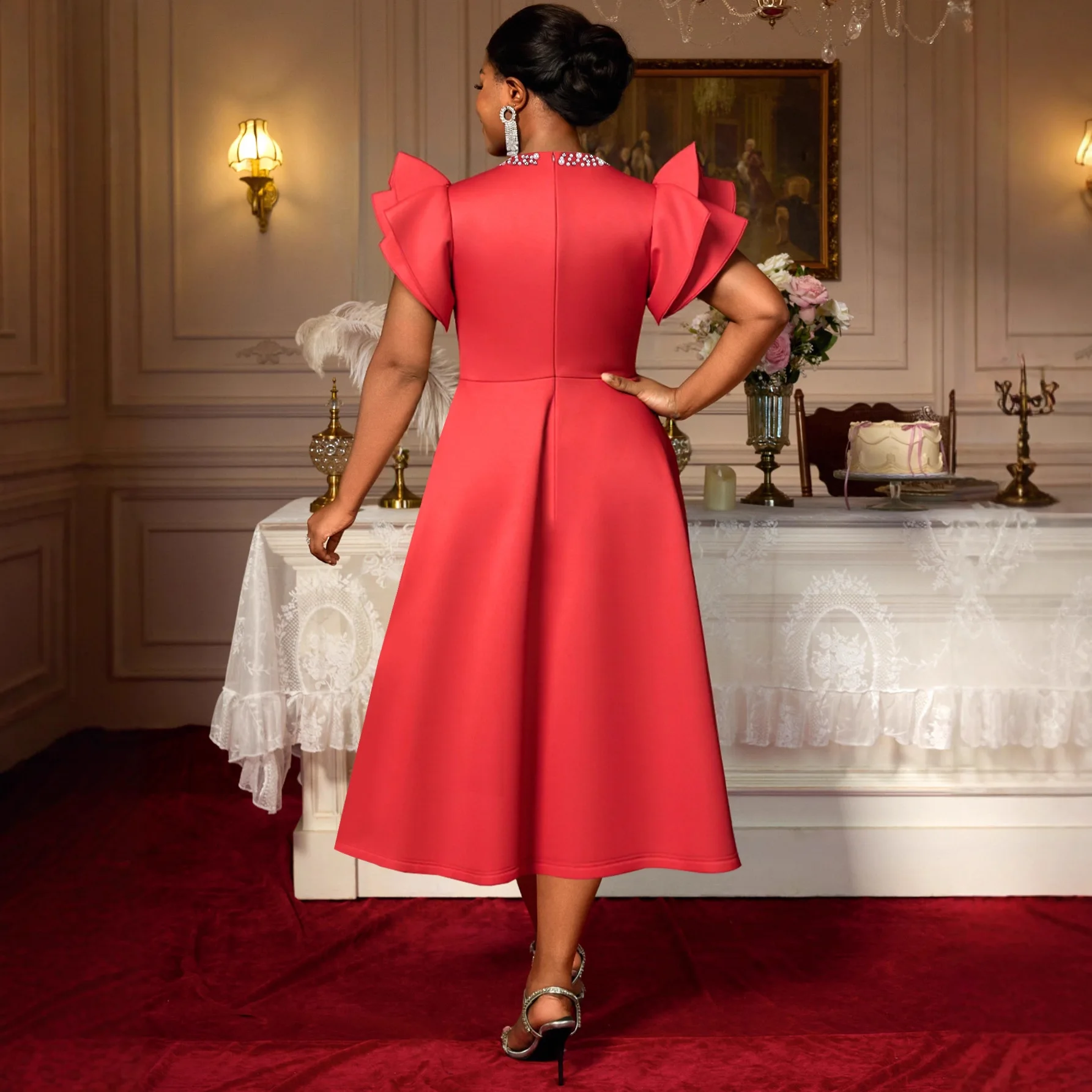 

Red Plus-size Round-neck Women's Hollow-out Dress With Flutter Sleeves, Waist-cinching, Elegant Party Gown, Mid-length Dress Y2K