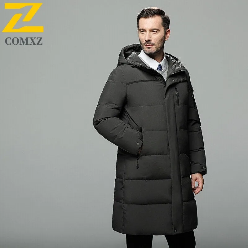 COMXZ الفاخرة الرجال أسفل السترات الأزياء مقنعين طوق العمل الدافئة أسفل معطف شغل عارضة الأعمال سترة الشتاء خفيفة الوزن