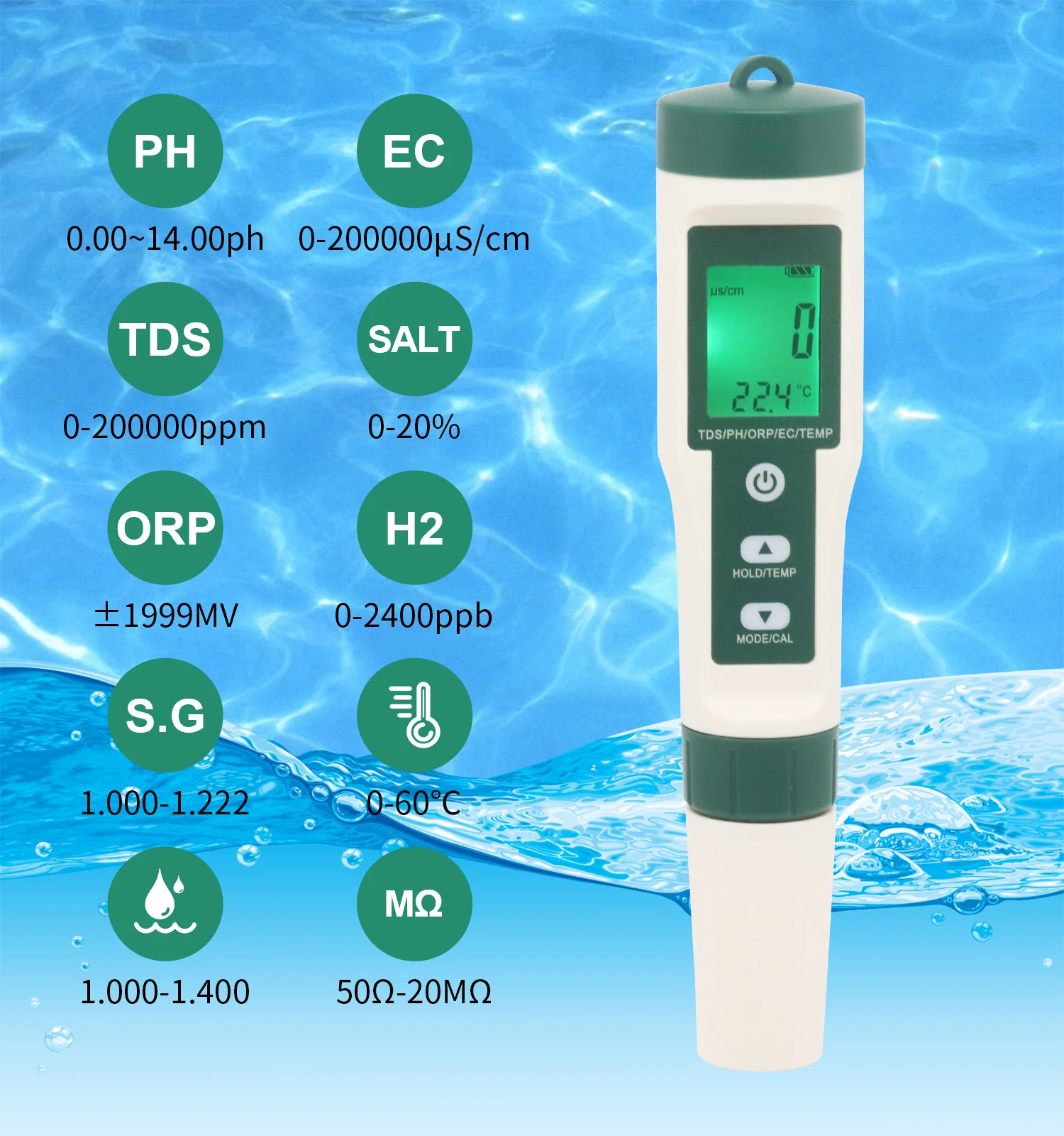 New 10 in 1 PH/TDS/EC/SALT/TEMP/S.G/ORP/H2/Fertile/Resistivity Water Quality Monitor Tester for Pools, Drinking Water, Aquariums