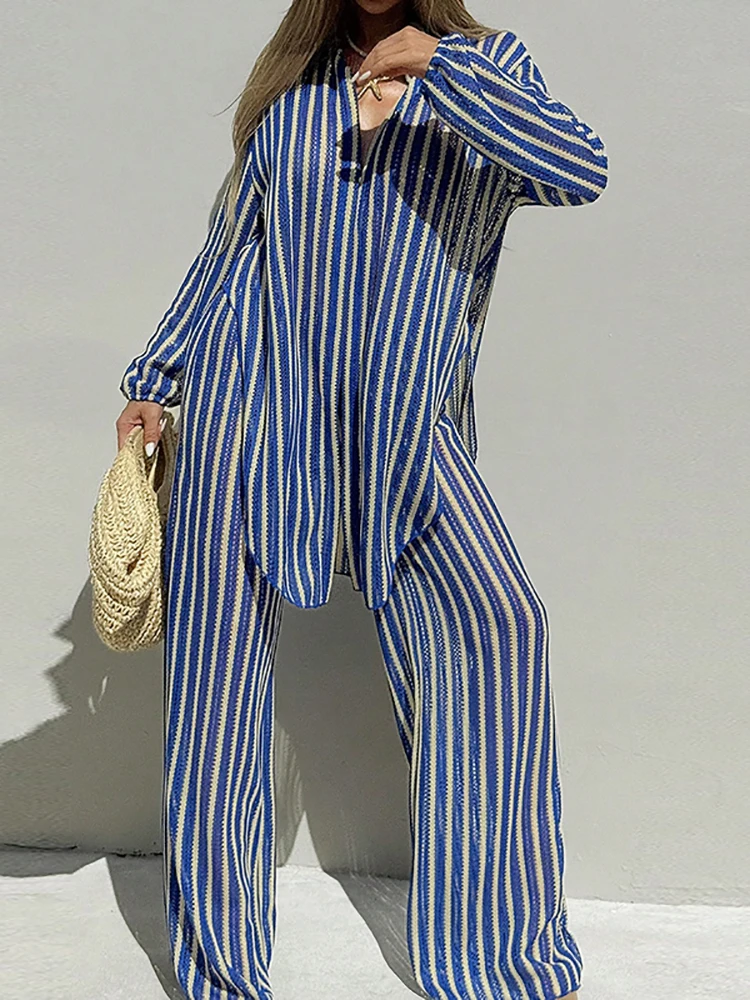 Casual Striped Long Sleeved Beach Vacation Outfit Unique Irregular Shirt+Pants Two Piece Set Fashion Lapel Strap Hollow Out Suit