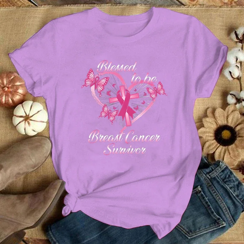 Nova moda o pescoço topos impressão de câncer de mama camisa de manga curta t camisa casual verão t camisas