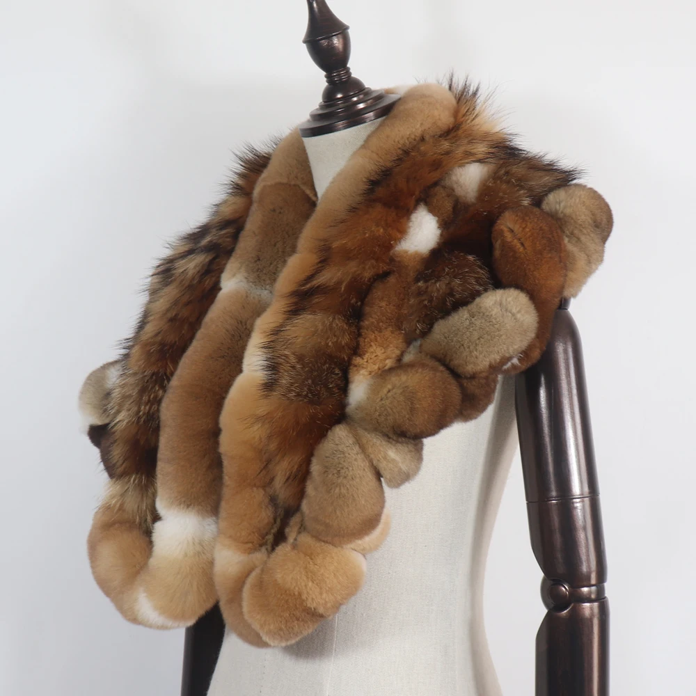 Neue warme, weiche Silberfuchs-Fellschals für Damen, Winter-Echt-Rex-Kaninchenfell-Schal, modischer Damen-Poncho aus 100% echtem Rex-Kaninchenfell. – Detail 3