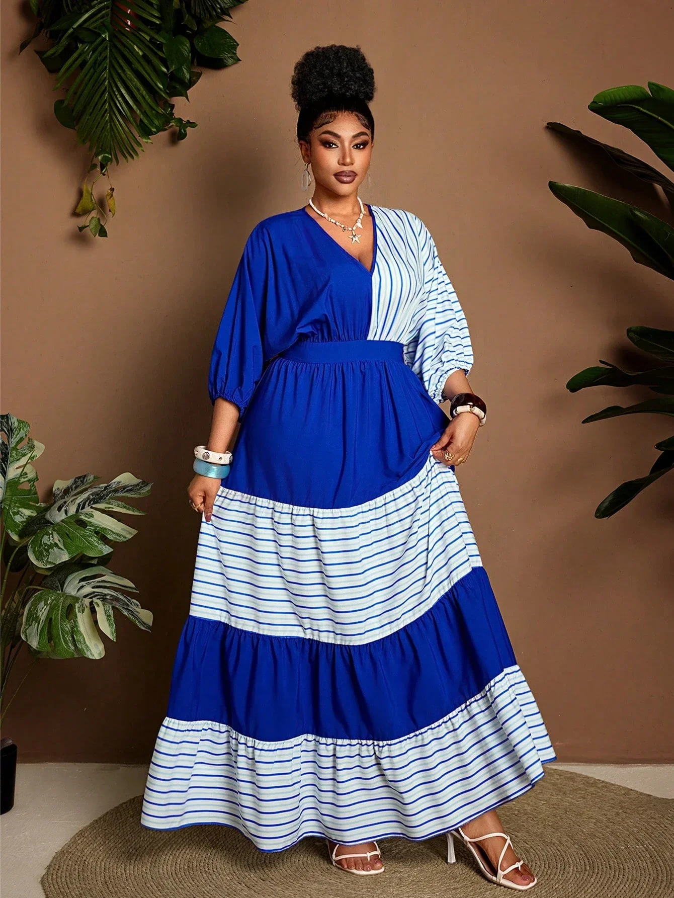 

Plus Size Women Casual Striped Color Block Patchwork Maxi Dress With Tiered Ruffle And Waist Cinching