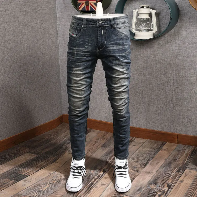 Fashion Vintage Men Jeans Retro Black Blue Elastic Stretch Slim Ripped Jeans Men Distressed Washed Designer Denim Pants Hombre