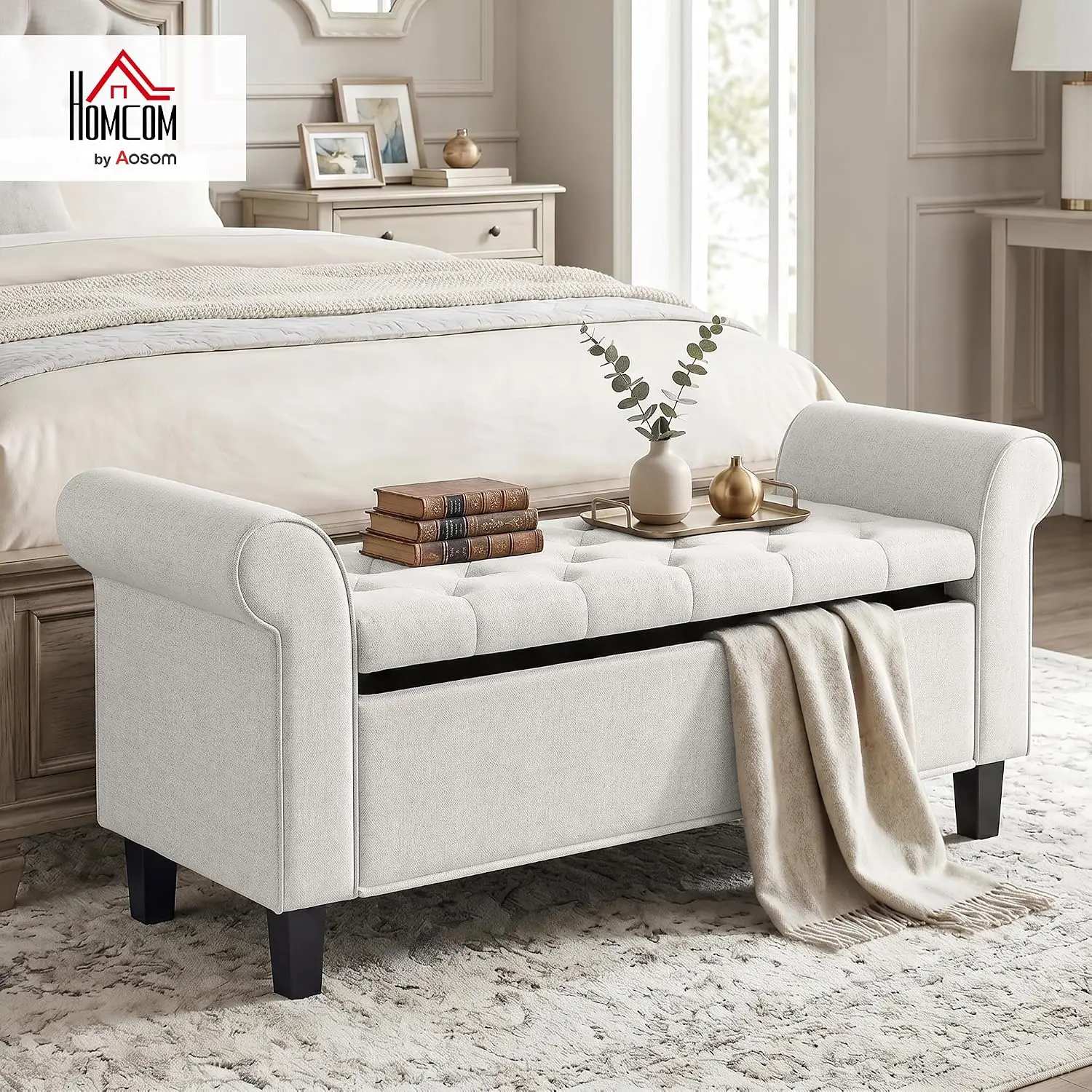 Upholstered Storage Ottoman Bench with Rolled Arms & Safety Hinge, Wooden Legs, Bedroom Entryway Living Room, 47