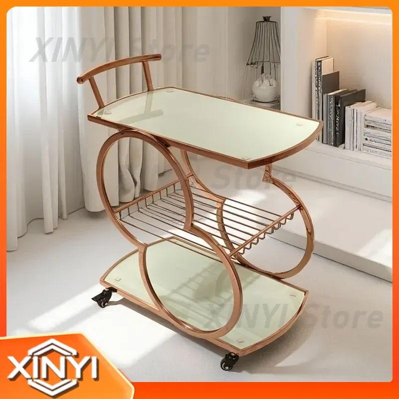 Customized Explosion Light Luxury Three-Layer Stainless Steel Glass Food Delivery Trolley for Restaurant Living Room
