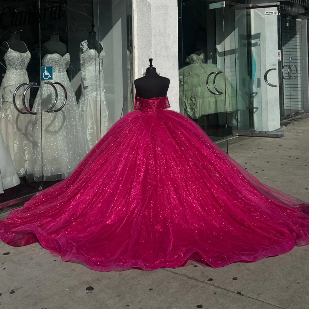 Glittering Fuchsia Quinceanera Dress Ruffles Off The Shoulder Sweetheart Robes De Soirée Vestidos De 15 Anos