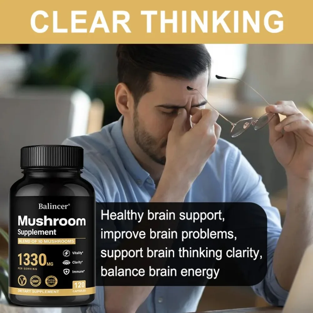 Mushroom Complex Supplements - Brain, Memory, Energy Production & Immune System - with Lions Mane Reishi & Cordyceps view 2