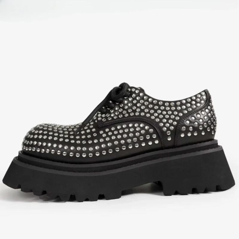 Europe/America Street Show Rivet Star Casual Derby Shoes for Men's Dress Shoes Genuine Leather Thick Soled Height Increased Shoe