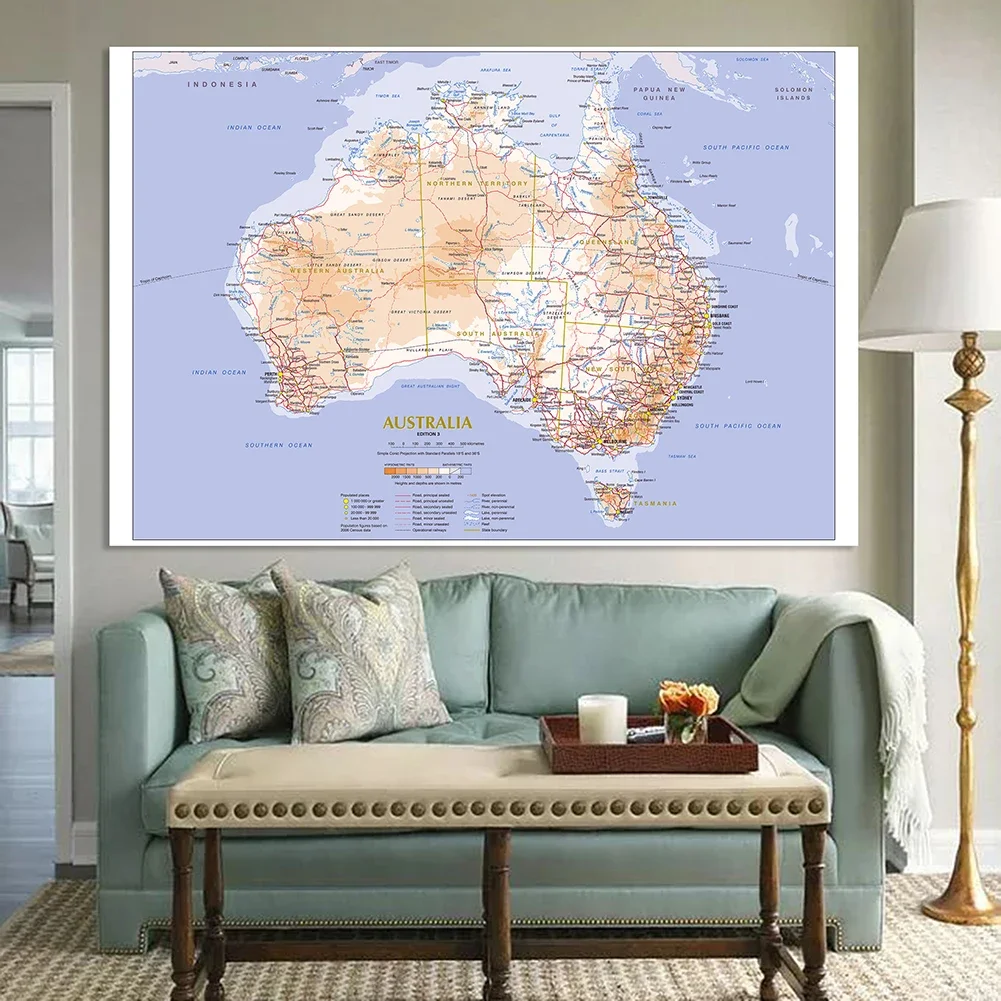 Póster grande de mapa de Geografía y Transporte de Australia, suministros de lona no tejida para escuela de pintura, decoración del hogar, 225x150cm