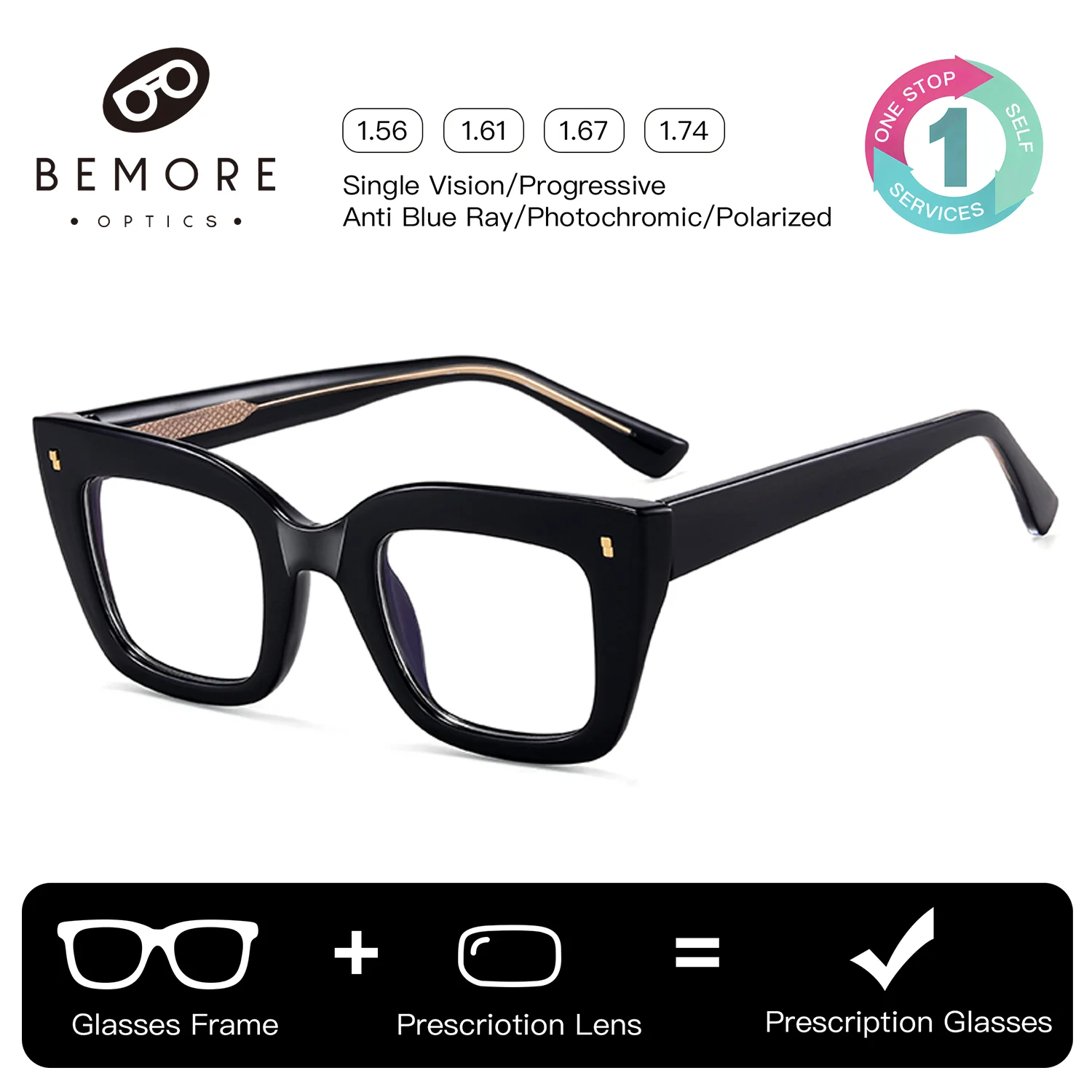 

BEMORE Woman Handmade Acetate Square Progressive Multifocal Glasses Cat Eye Blue Light Filter Photochromic Prescription Eyewear