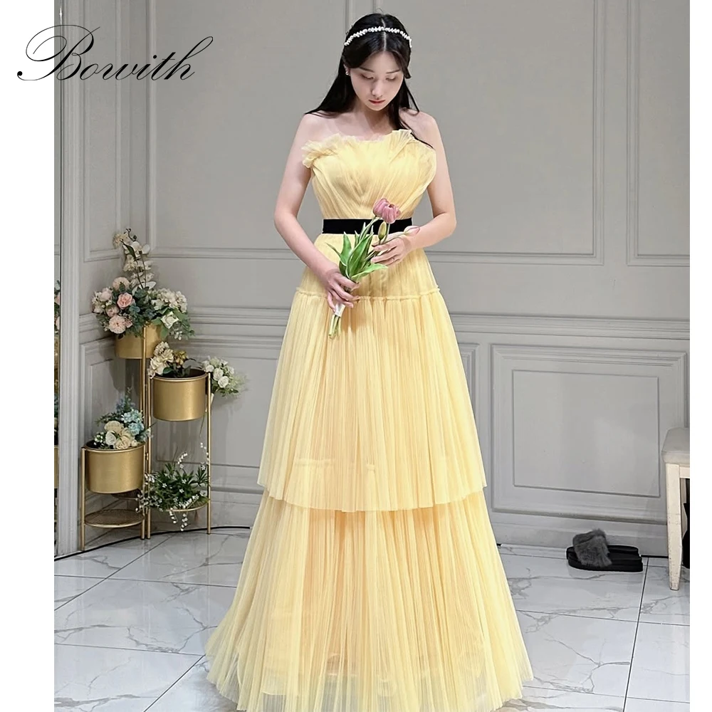 

Желтые вечерние платья Bowith в корейском стиле, свадебные платья трапециевидной формы без бретелек на заказ, элегантные вечерние платья 웨딩드레스