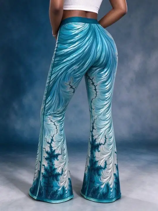 Blue Artistic Floral Leaf Print Flared Bell Bottom Pants, Mid Waist Stretch Casual Trousers