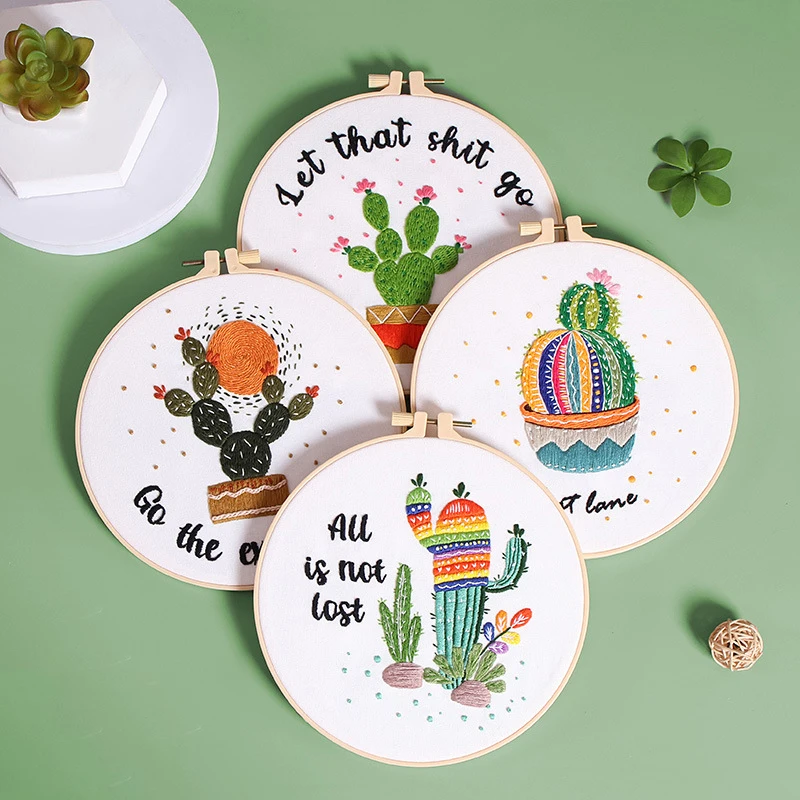 DIY Plant Cactus Embroidery Kit for Beginner Printed Pattern Cross Stitch Set Needlework Hoop Handmade Sewing Art Craft Kit