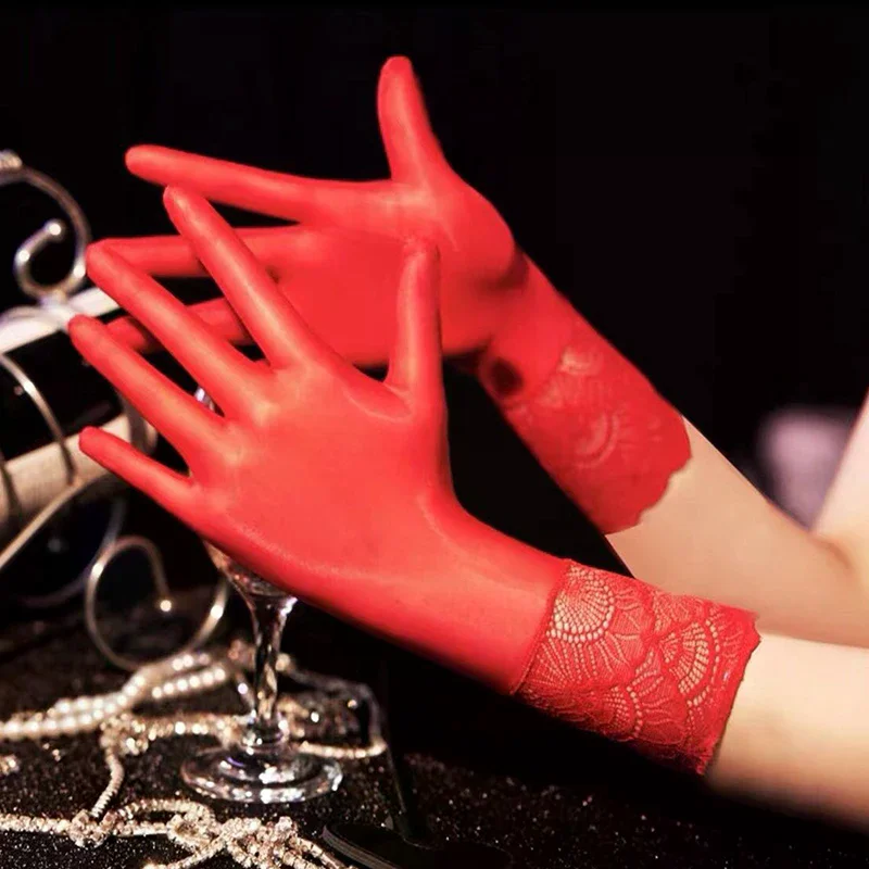 Women Oil Glossy Tight Stocking Gloves Sexy High Elastic Transparent Ultra-Thin Clubwear Short Wrist Gloves