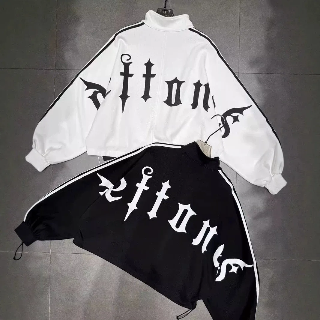 Trendy High Street Cardigan Sweatshirt Jacket for Women Alphabet Stripes Spring Long-sleeve Loose Design Short Baseball Jacket