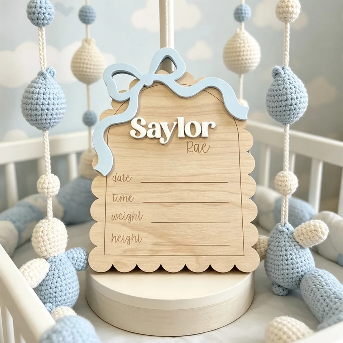 1Pc Custom Blue Bow Engraved Date Time Wooden Name Plaque,Home Room Office Wall Door Decor,DIY Paintable,Birthday Wedding Gift