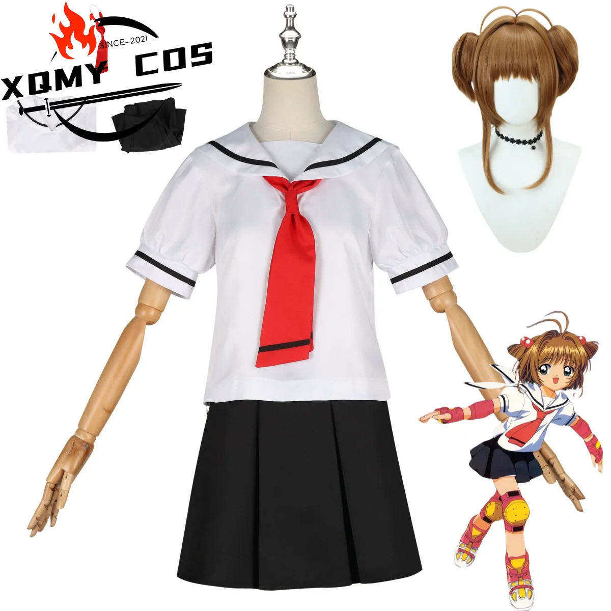 XqAnime Sakura Cardcaptor Kinomoto Sakura disfraz Cosplay uniforme escolar de verano camisa blanca mujer Kawaii traje de marinero del Campus